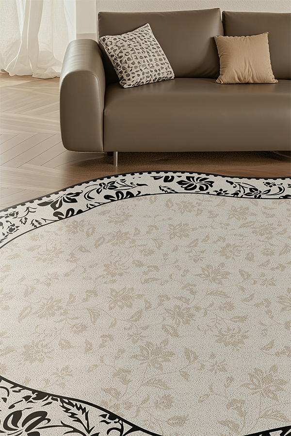Waterproof Black-White Pattern Irregular Area Rug, French Cream Style, Rugsfun