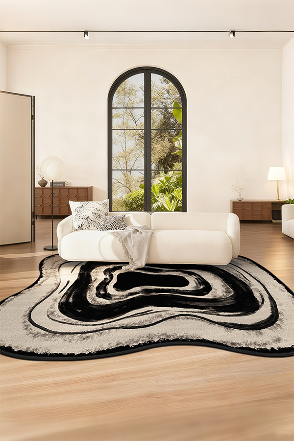 Non-Slip Black & White Abstract Wave Area Rug, Wabi-Sabi, Rugsfun