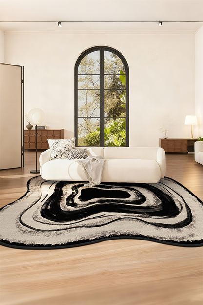 Non-Slip Black & White Abstract Wave Area Rug, Wabi-Sabi, Rugsfun