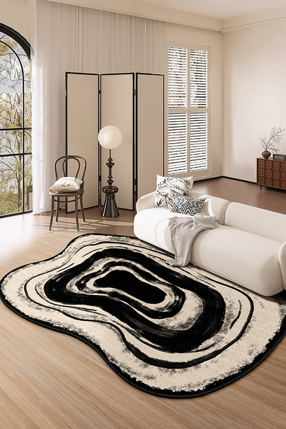 Non-Slip Black & White Abstract Wave Area Rug, Wabi-Sabi, Rugsfun