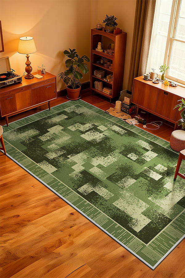 Pet-Friendly Green Checkerboard Square Area Rug, Retro Luxury, Rugsfun
