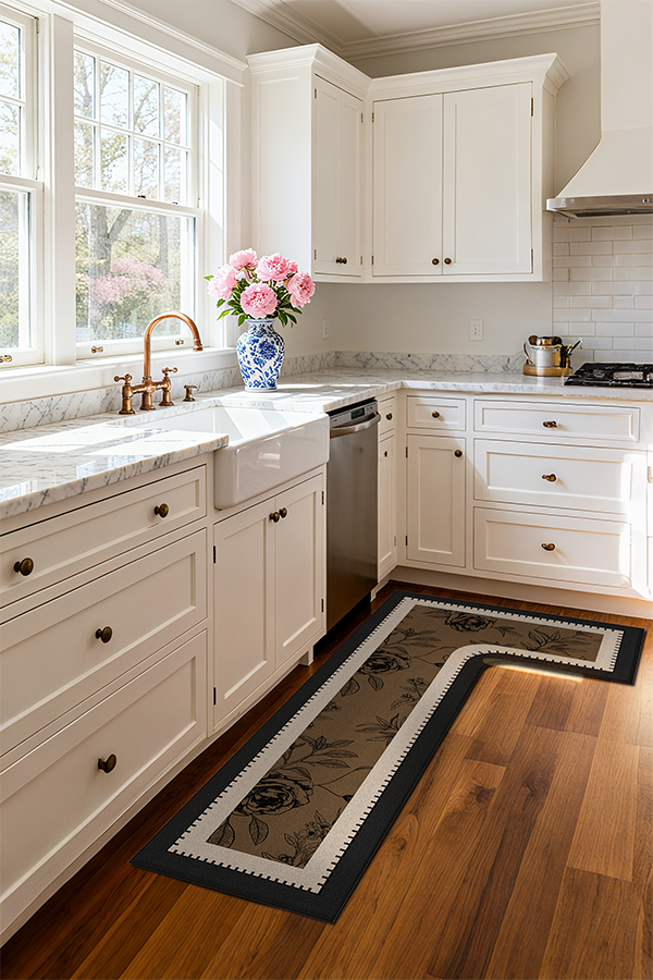 Pet-Friendly Multicolor L-Shaped Floral Kitchen Rug Runner, Mid-Century, Rugsfun