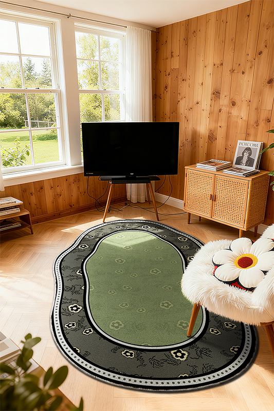 Pet-Friendly Green Floral Irregular Area Rug, American Retro, Rugsfun