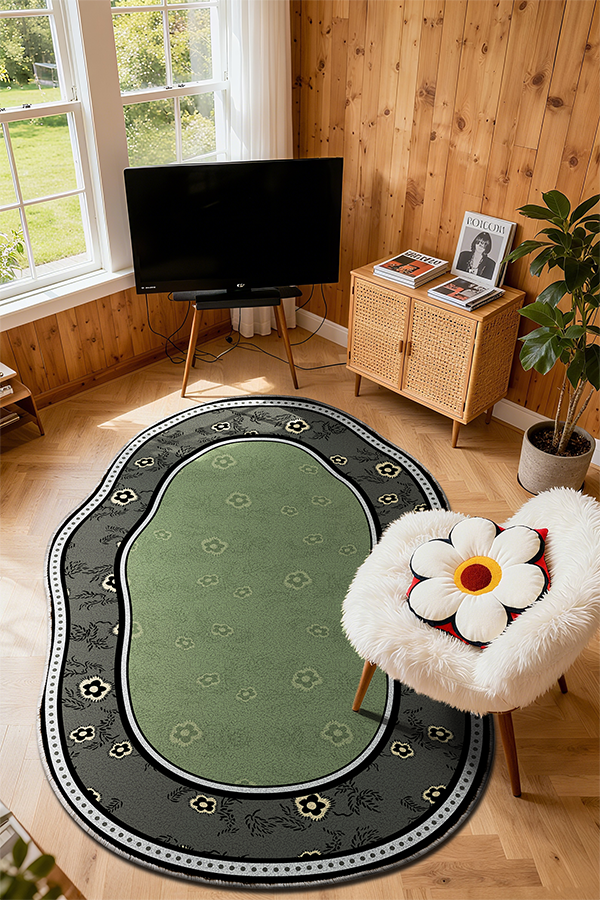 Pet-Friendly Green Floral Irregular Area Rug, American Retro, Rugsfun