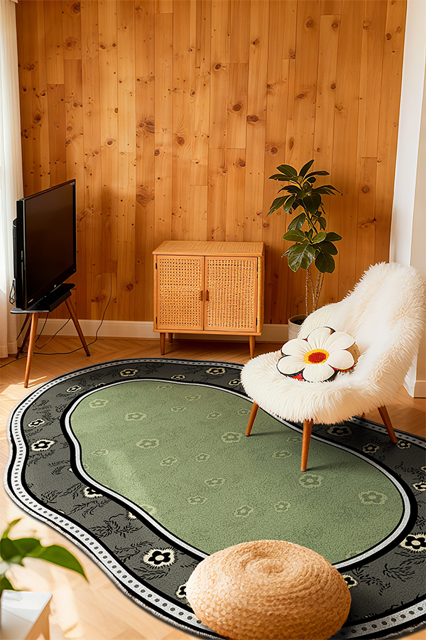 Pet-Friendly Green Floral Irregular Area Rug, American Retro, Rugsfun