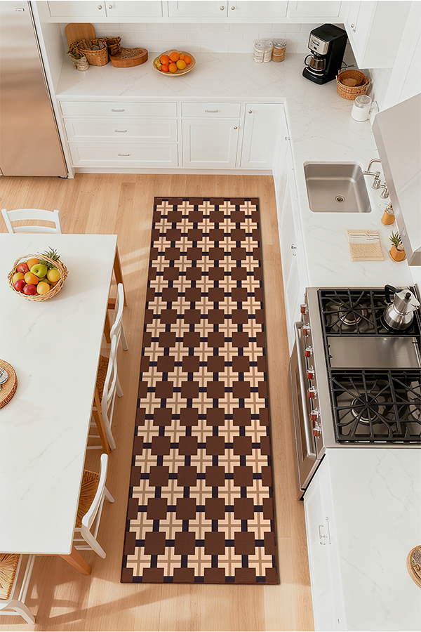 Non-Slip Brown & White Checkerboard Kitchen Rug Runner, American, Rugsfun