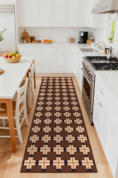 Non-Slip Brown & White Checkerboard Kitchen Rug Runner, American, Rugsfun