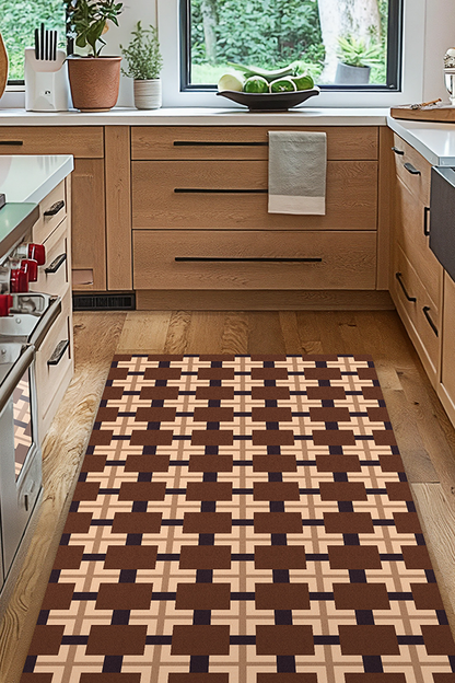 Non-Slip Brown & White Checkerboard Kitchen Rug Runner, American, Rugsfun