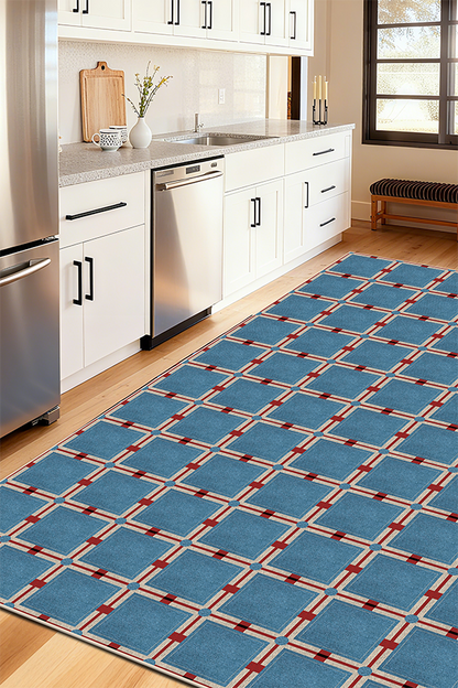 Non-Slip Blue Checkerboard Area Rug, Mid-Century, Rugsfun