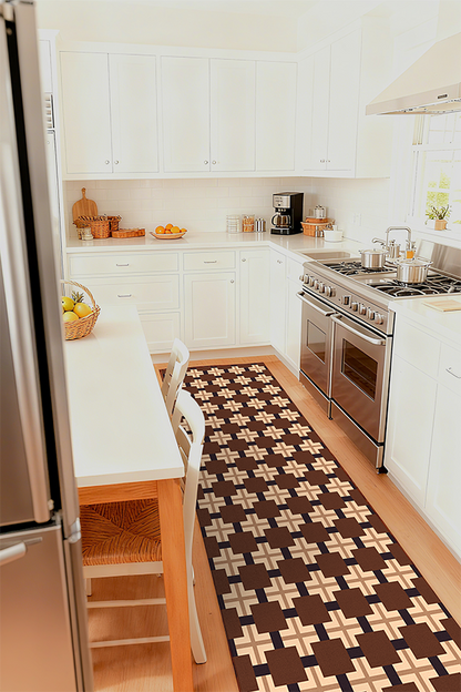 Non-Slip Brown & White Checkerboard Kitchen Rug Runner, American, Rugsfun