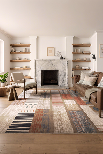Non-Slip Multicolor Geometric Block Area Rug, Mid-Century Retro, Rugsfun