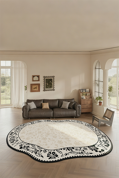 Waterproof Black-White Pattern Irregular Area Rug, French Cream Style, Rugsfun
