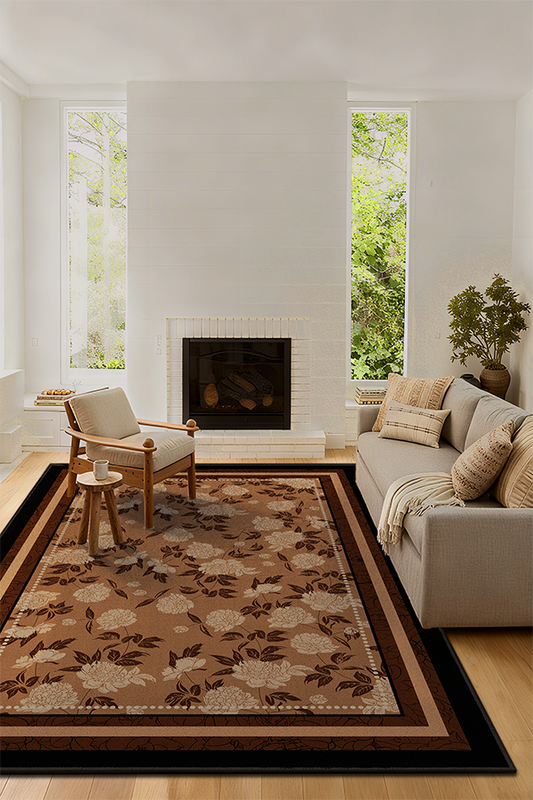 Pet-Friendly Brown Floral Rectangular Area Rug, Mid-Century, Rugsfun