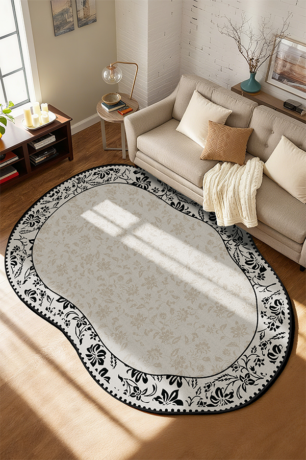 Waterproof Black-White Pattern Irregular Area Rug, French Cream Style, Rugsfun