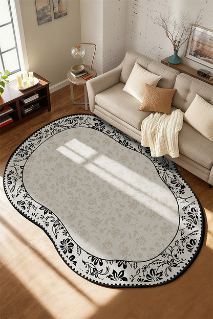 Waterproof Black-White Pattern Irregular Area Rug, French Cream Style, Rugsfun