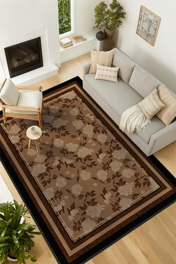 Pet-Friendly Brown Floral Rectangular Area Rug, Mid-Century, Rugsfun