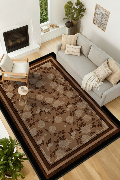 Pet-Friendly Brown Floral Rectangular Area Rug, Mid-Century, Rugsfun