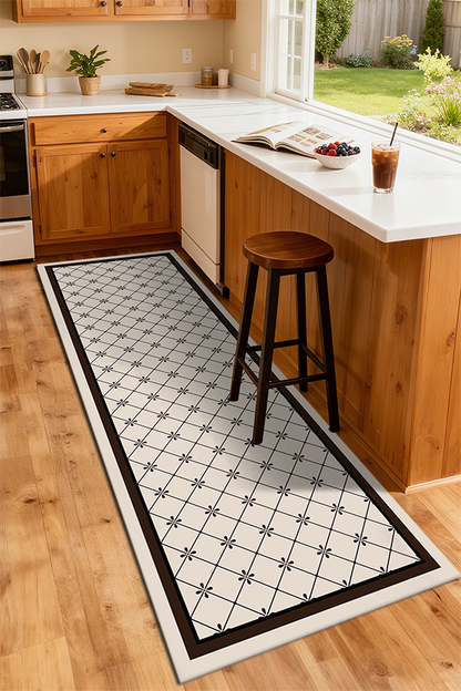 Artistic Brown-White Diamond Flower Kitchen Rug Runner, Retro Luxury, Rugsfun