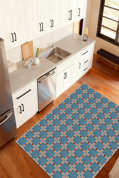 Non-Slip Blue Checkerboard Area Rug, Mid-Century, Rugsfun