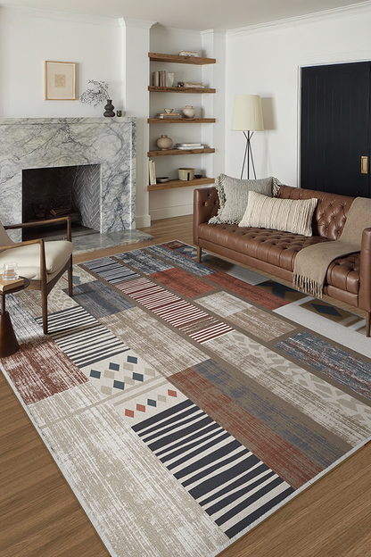 Non-Slip Multicolor Geometric Block Area Rug, Mid-Century Retro, Rugsfun