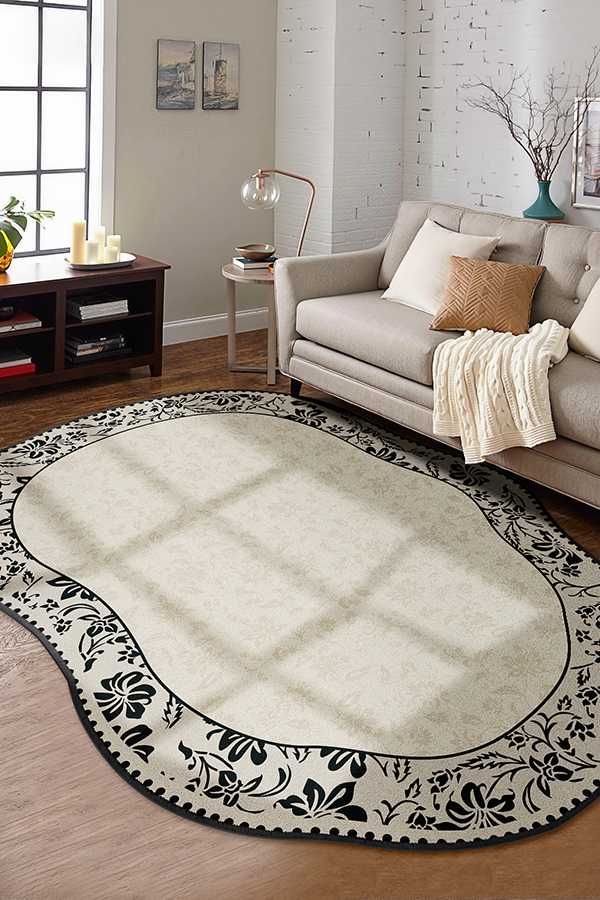Waterproof Black-White Pattern Irregular Area Rug, French Cream Style, Rugsfun