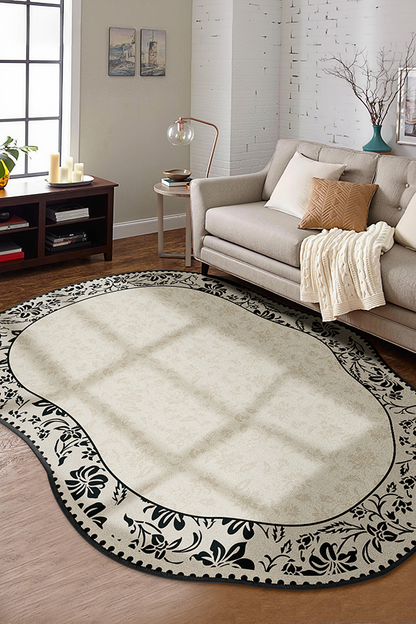 Waterproof Black-White Pattern Irregular Area Rug, French Cream Style, Rugsfun