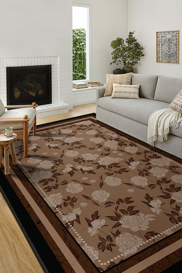 Pet-Friendly Brown Floral Rectangular Area Rug, Mid-Century, Rugsfun