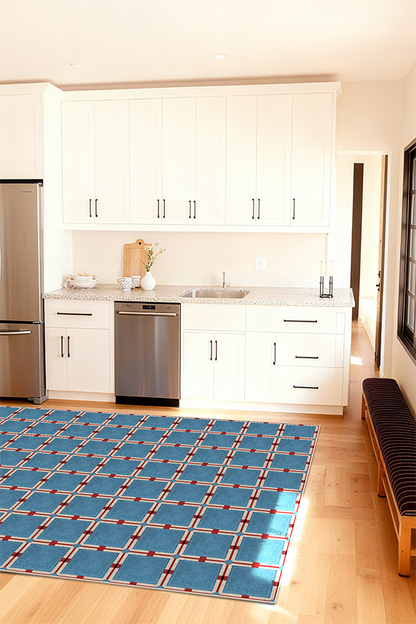 Non-Slip Blue Checkerboard Area Rug, Mid-Century, Rugsfun